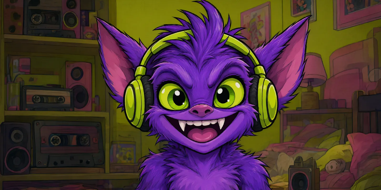 XOMO, a purple gremlin with pink-lined ears and lime headphones, grinning